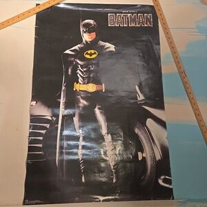 VTG Batman 1989 Movie Poster Michael Keaton Black Batmobile 23x34 Warner Bros